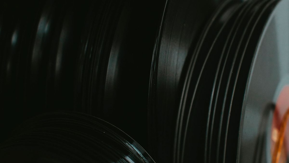 Vinyl records stood on edge