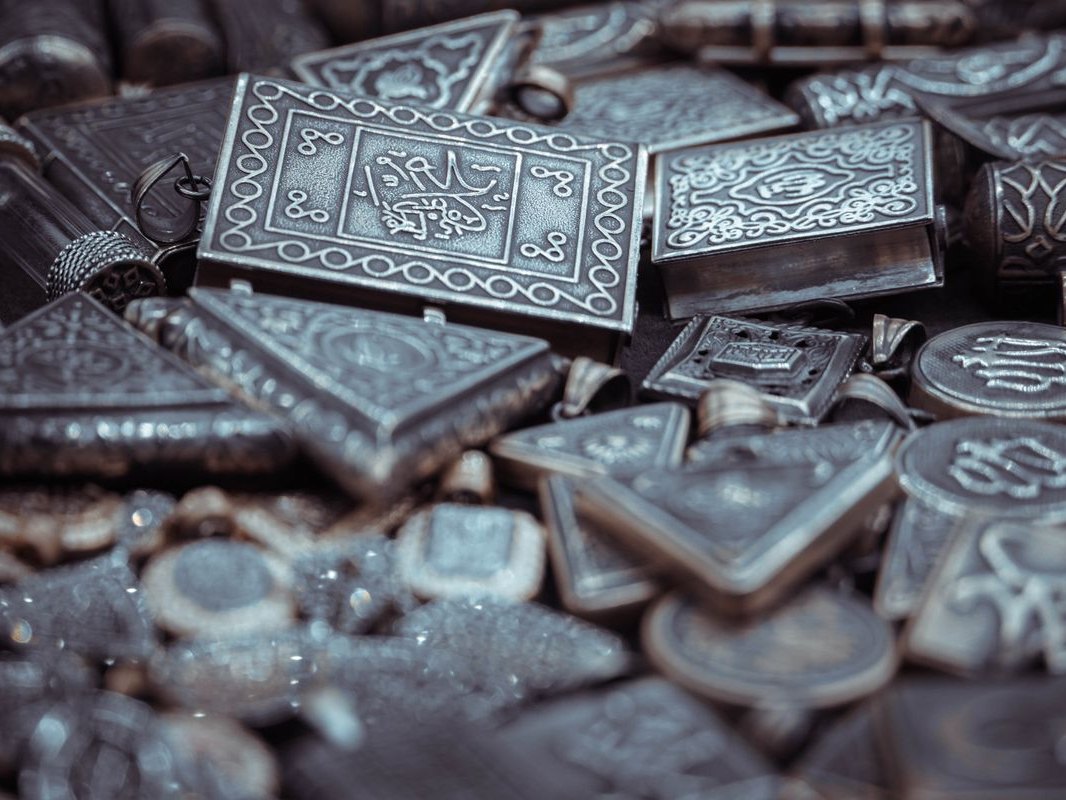 Macro shot of engraved silver objects