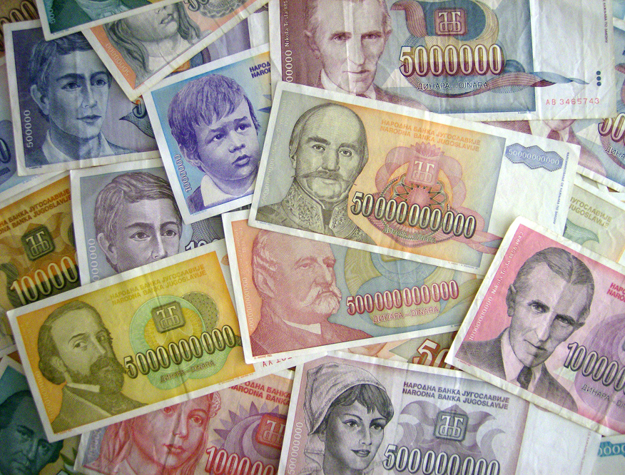 A spread of Yugoslav hyperinflation banknotes