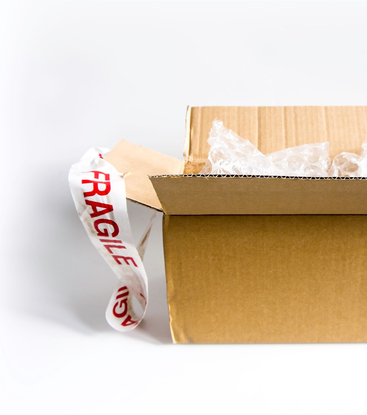 Box with a fragile label and bubble wrap