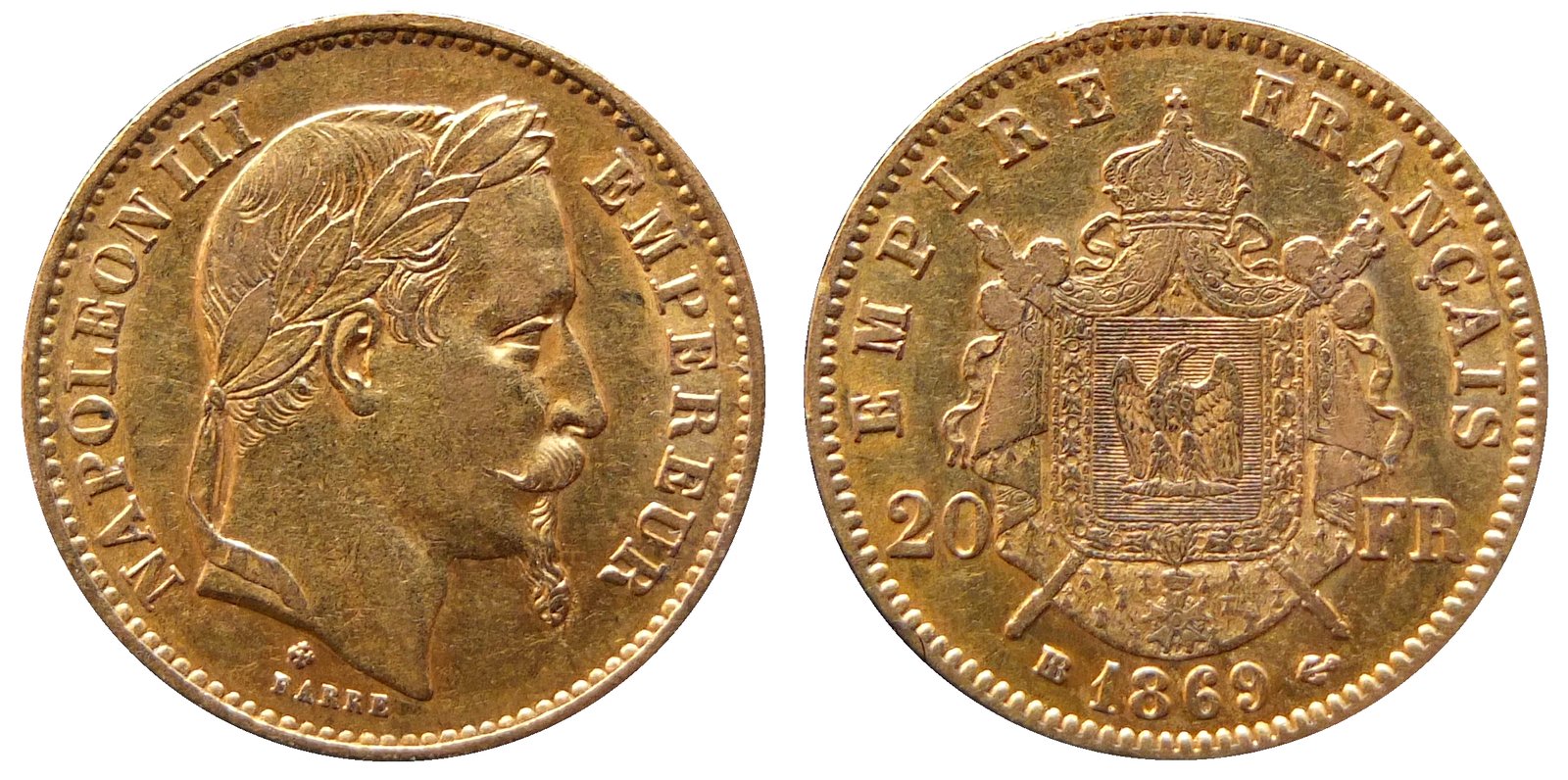 Gold 20 francs of 1869, obverse and reverse