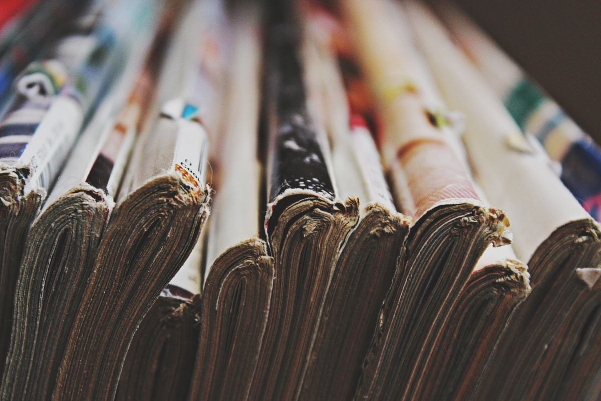 Spines of old issues in close-up